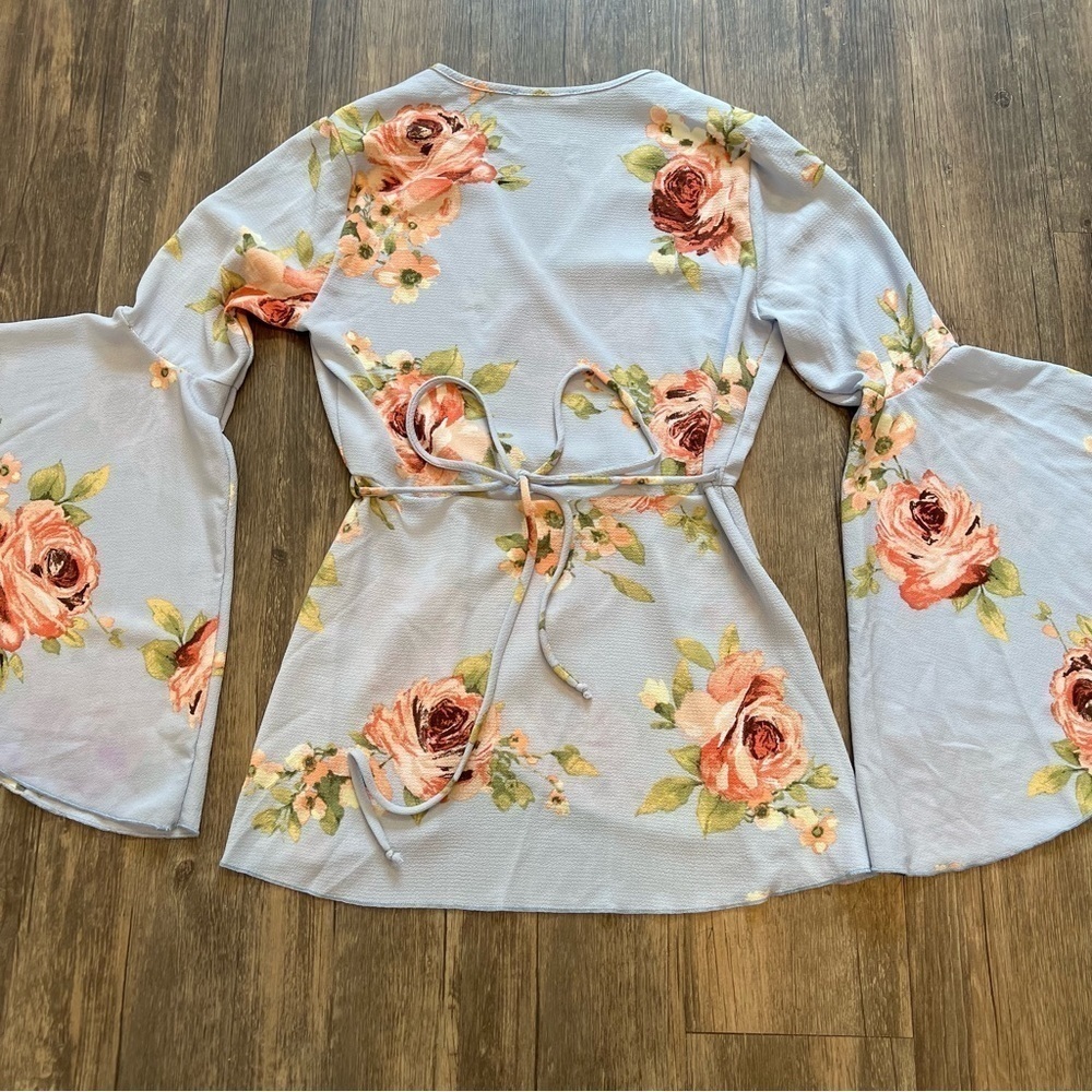 Miley+Molly Floral Blue Peplum Tied up Top Blouse Long Flare Sleeve Summer Y2K S - Picture 5 of 13